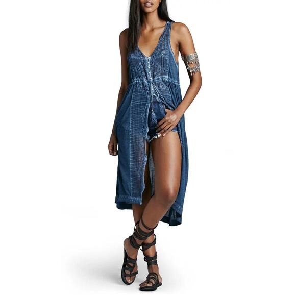 Free People Rip Tide Deep Blue Embroidered Eyelet Tunic Duster SZ S - Picture 2 of 16